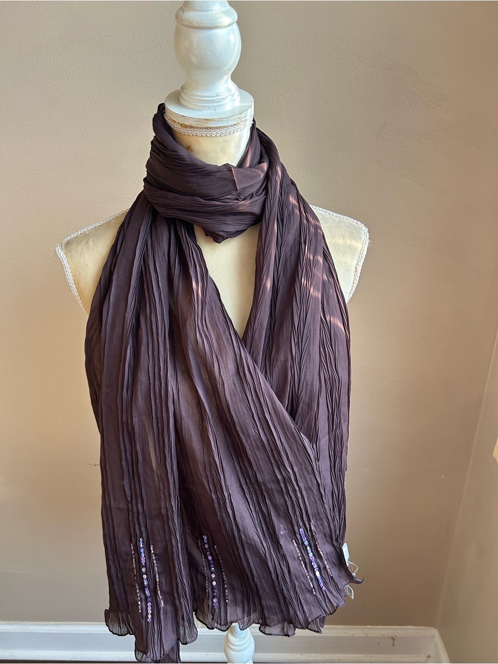 Women's Crinkled Plum Scarf with Subtle Sequin Detail - Picture 3 of 3